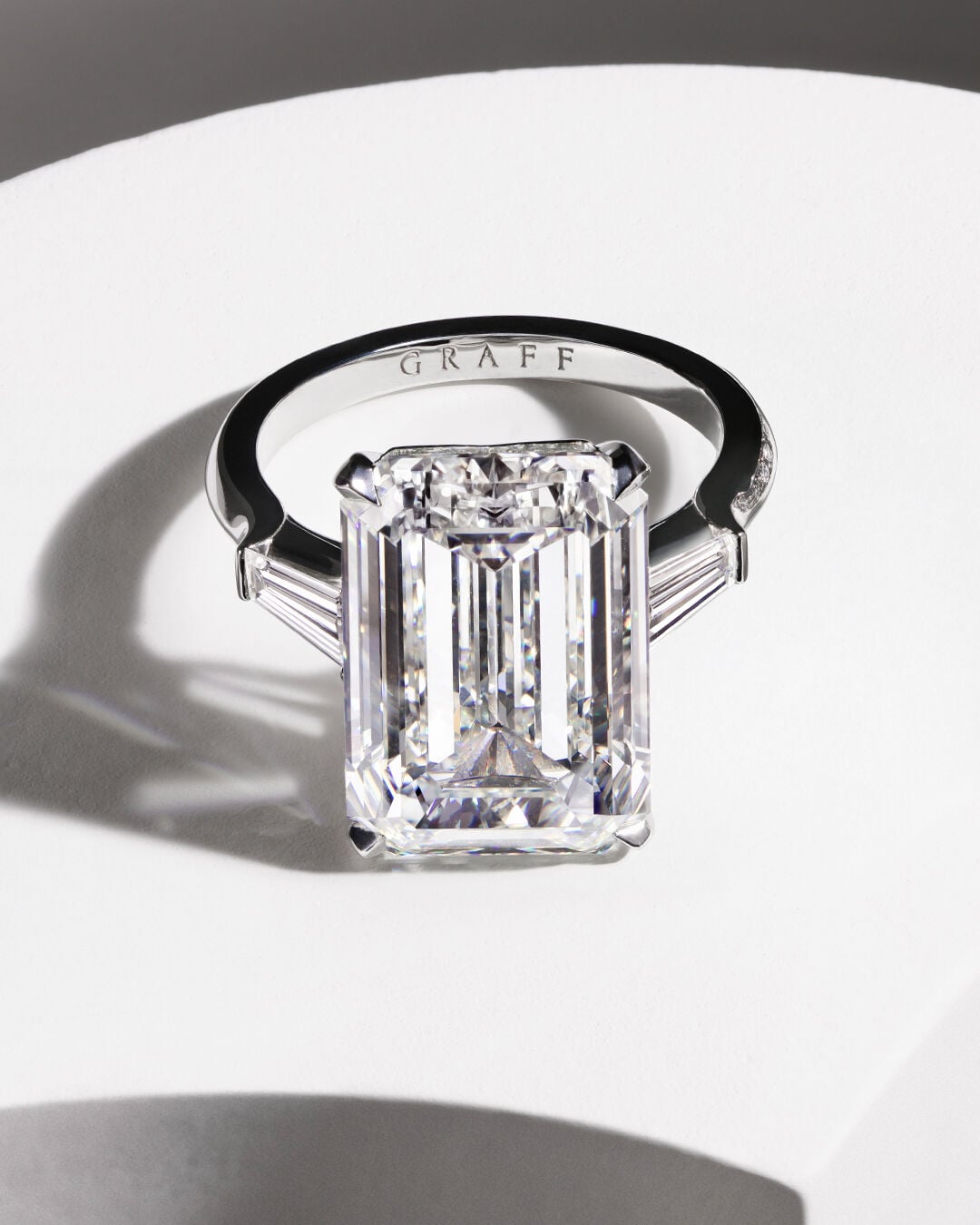 Image shows Graff Diamond Emerald Cut engagement ring