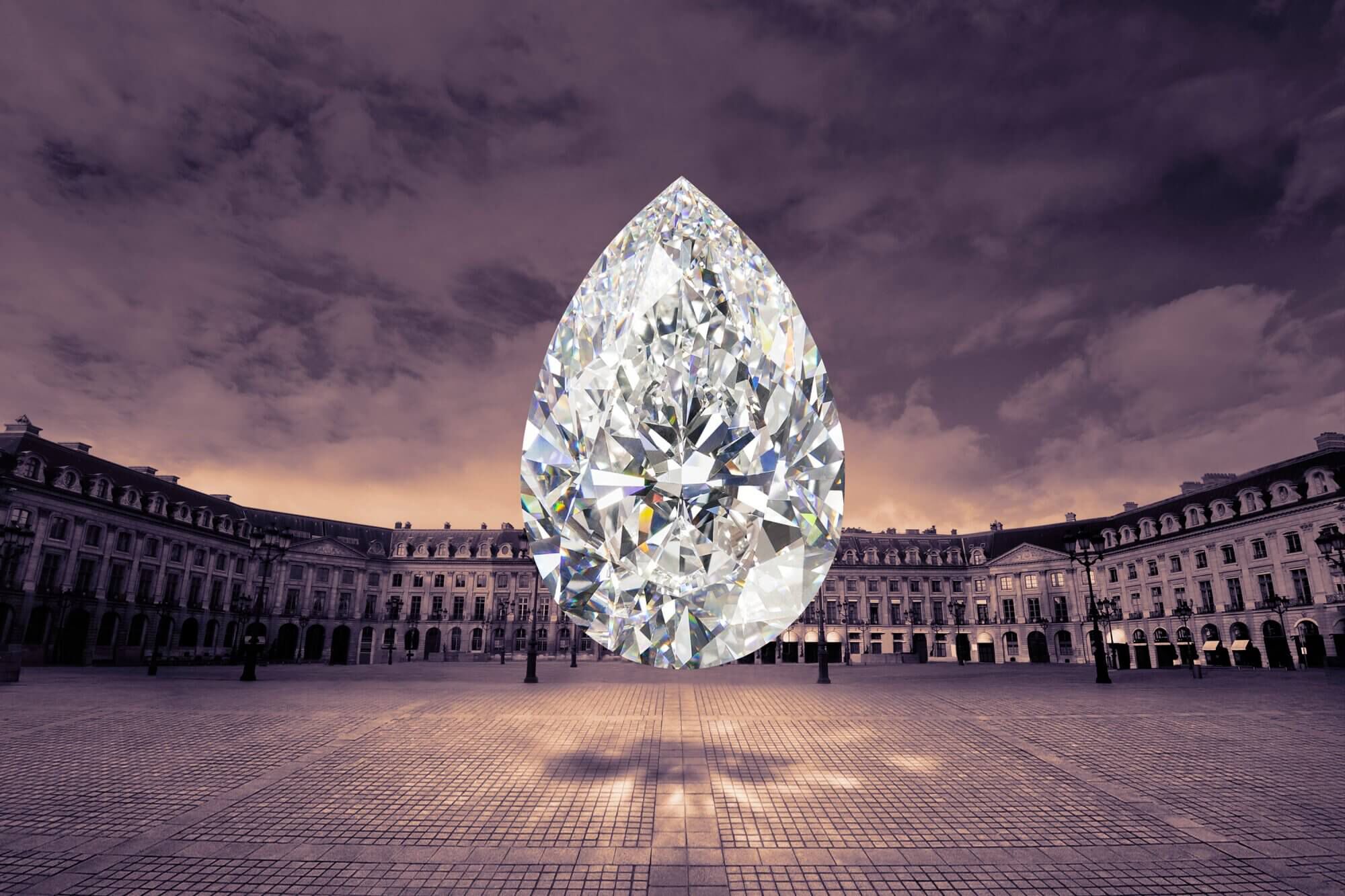 The Graff Vend&ocirc;me pear shape famous diamond with the Place Vend&ocirc;me in Paris, France as the background
