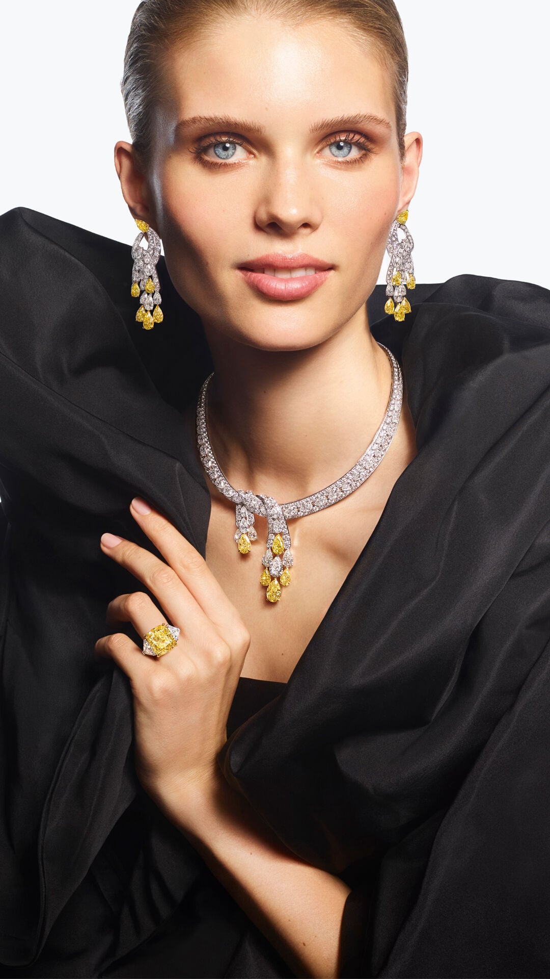 Image shows model wearing Graff Yellow Diamond High Jewellery