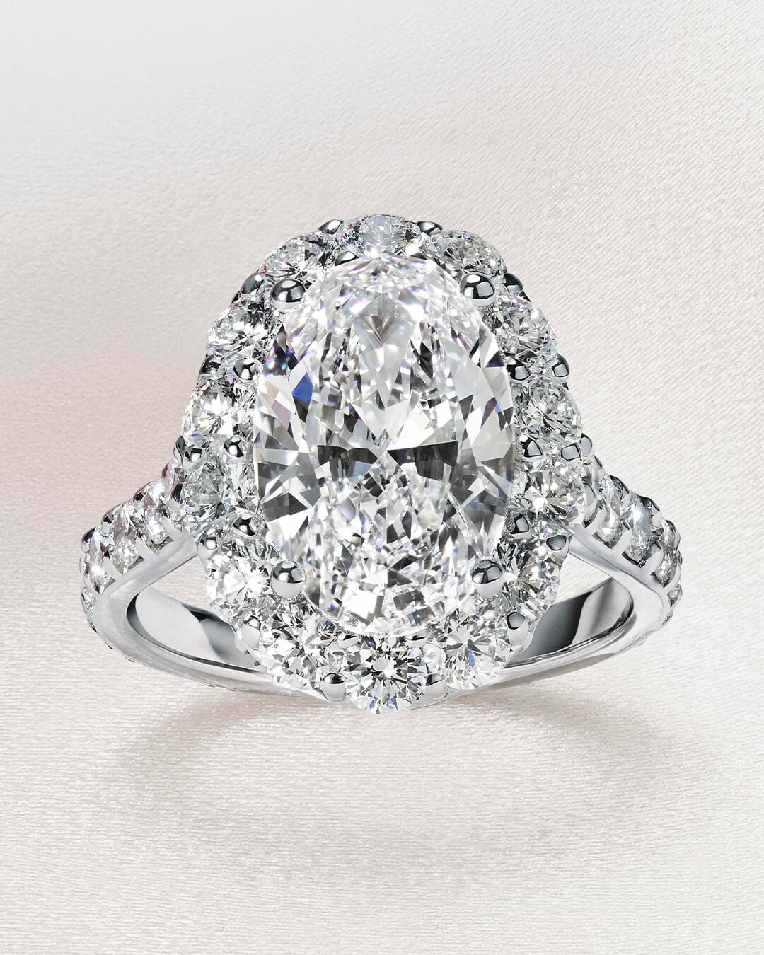 Image shows Graff Oval cut diamond engagement ring.