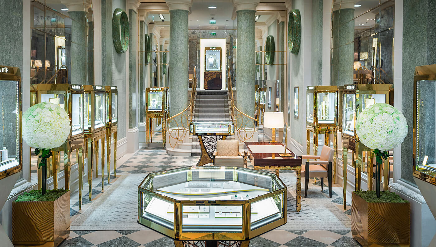 Interior of the Graff jewellery flagship boutique in Paris, France