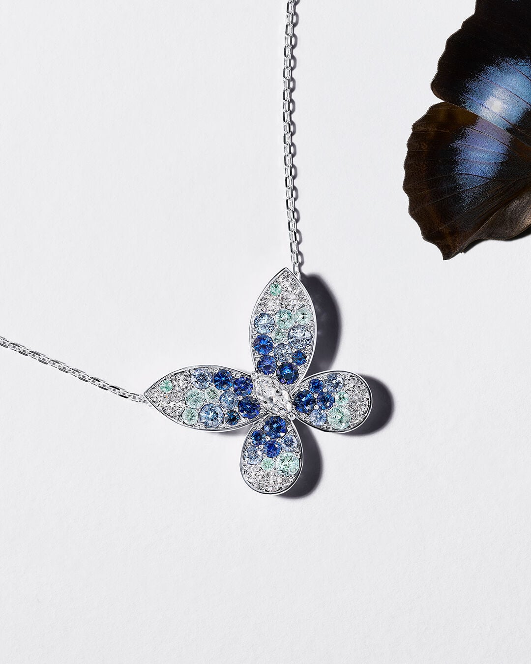 Gifts for her - image shows Graff Butterfly blue sapphire and tourmaline necklace 