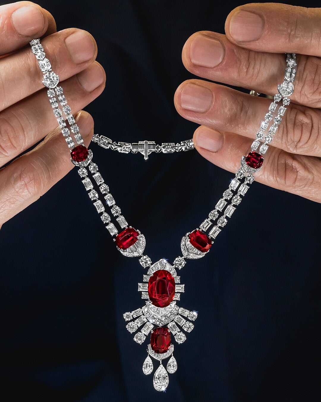 Image shows Graff Ruby High Jewellery necklace being created in Graff workshop