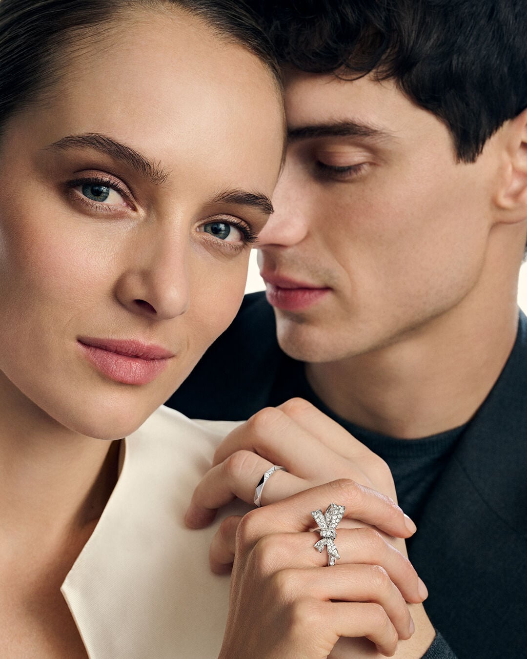 Image shows models wearing Graff Tilda's Bow diamond jewellery