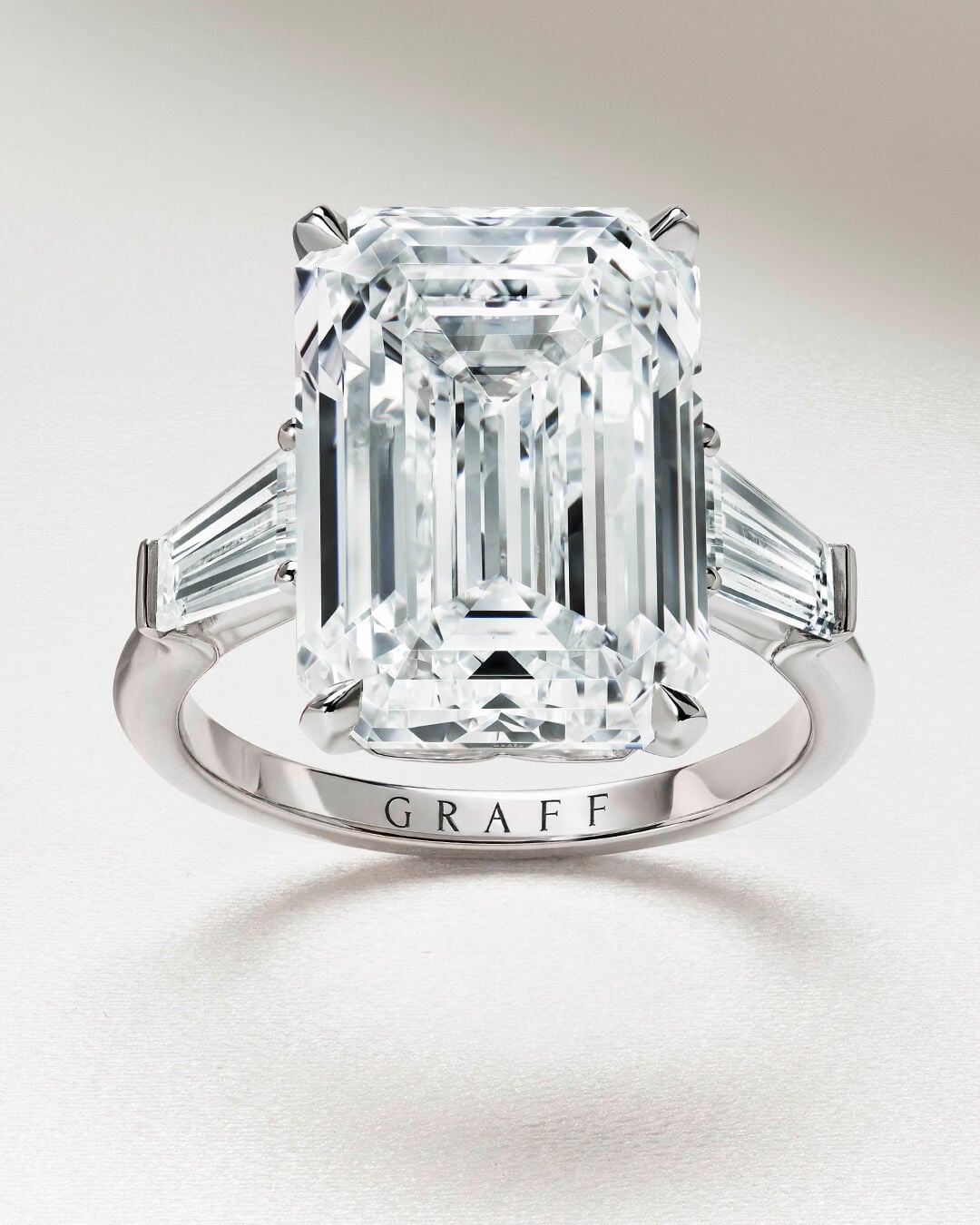 Image shows Graff Diamond Emerald Cut engagement ring