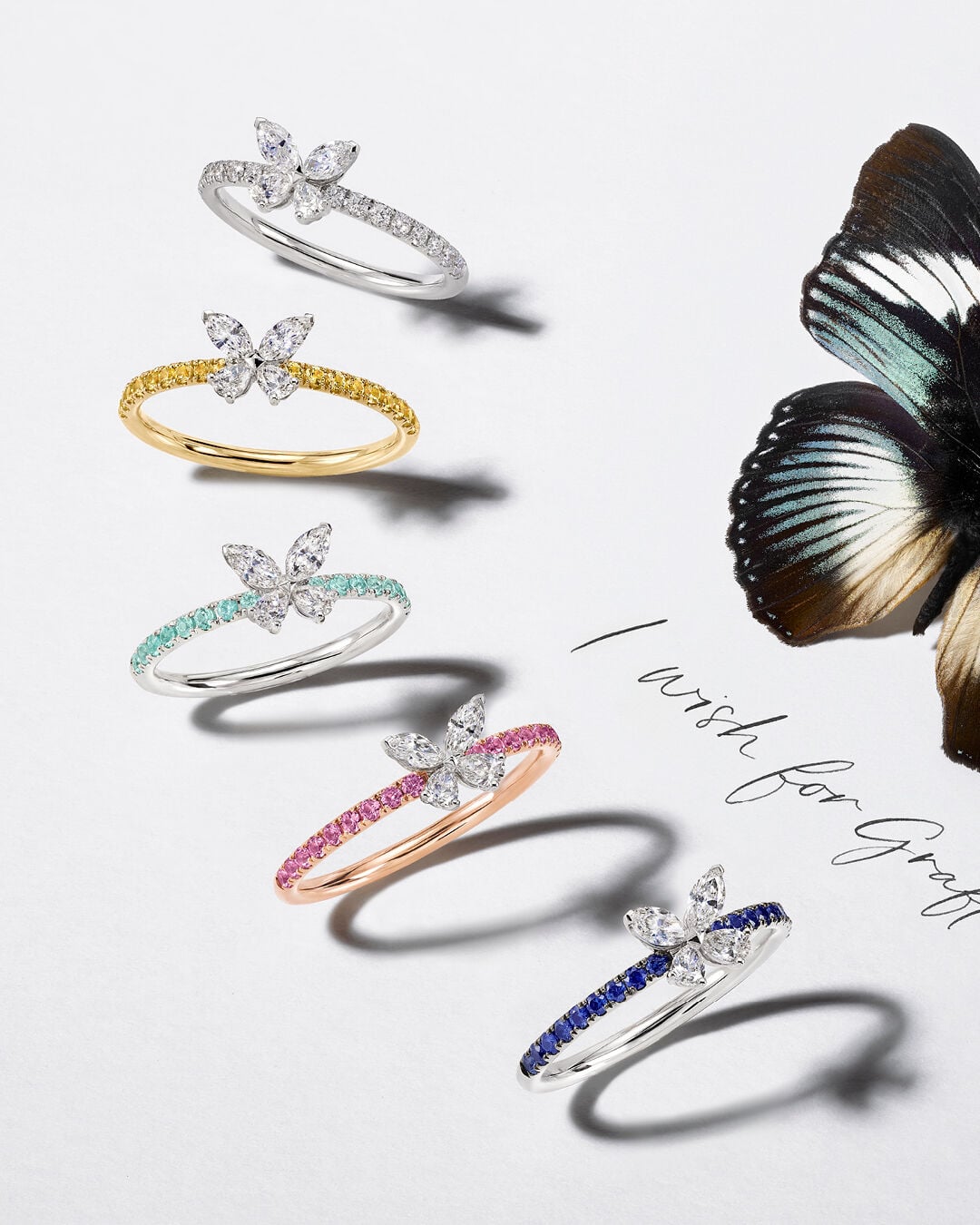 Image shows 5 butterfly rings
