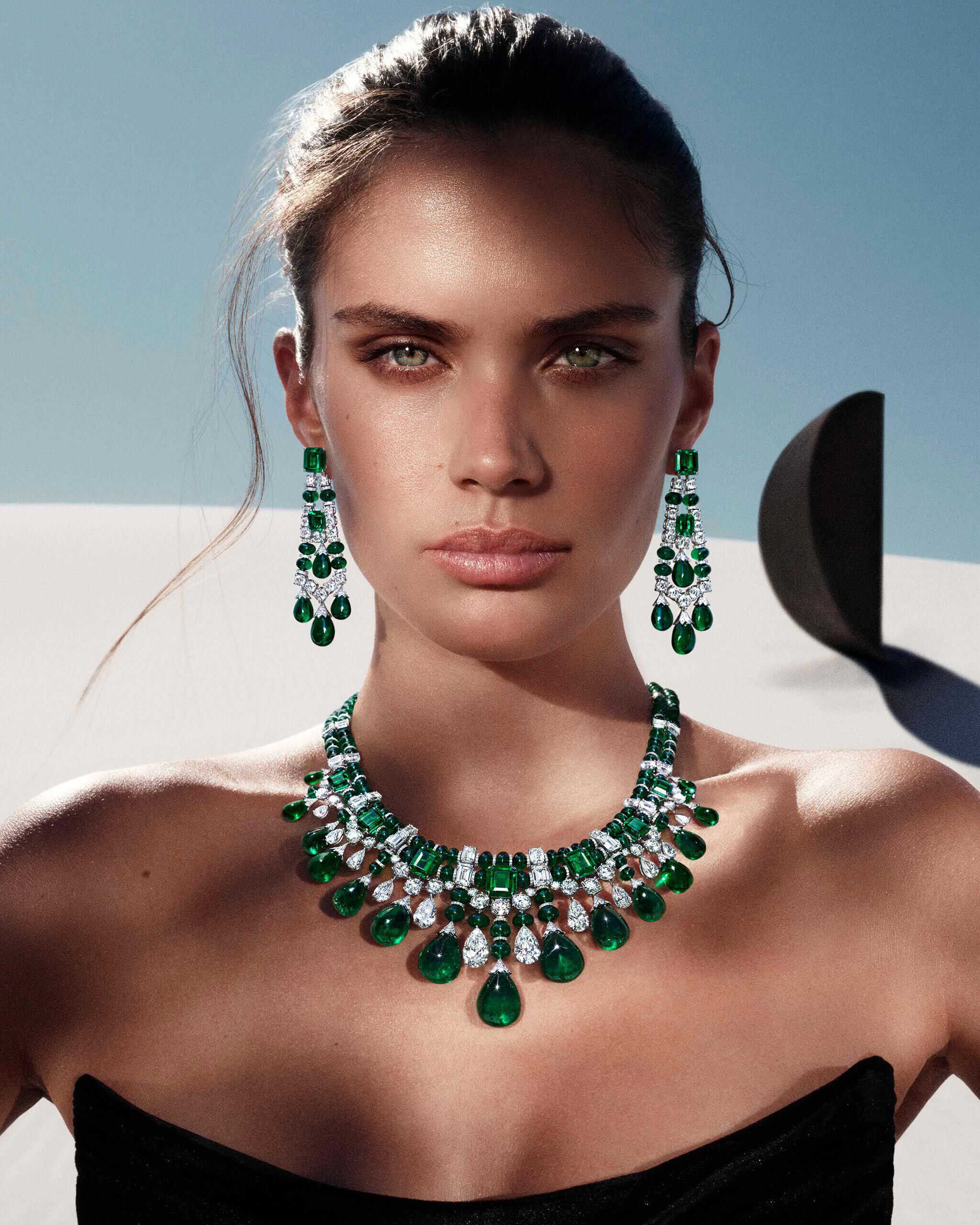 Model wears Graff Tribal Hight Jewellery necklace and earrings