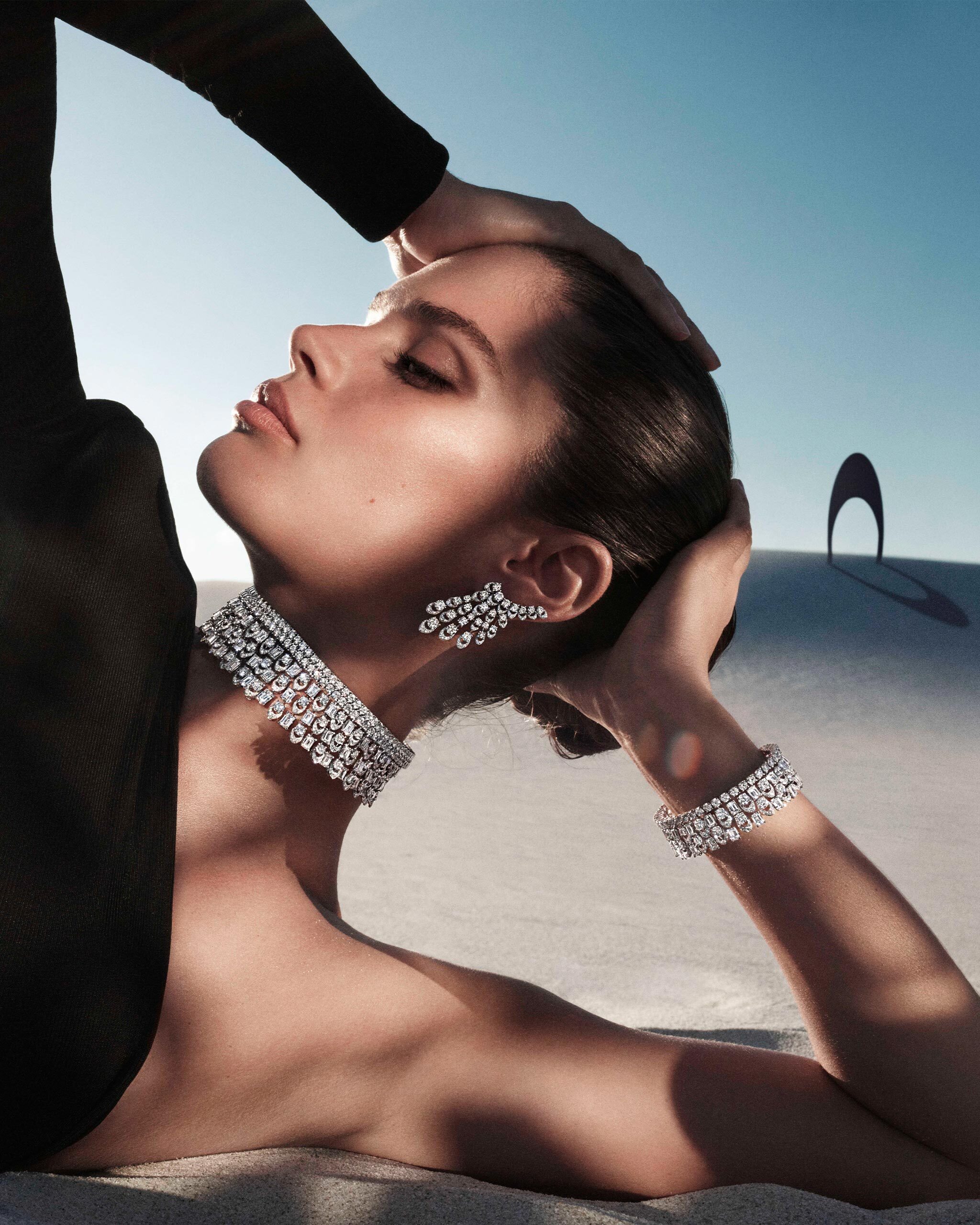 Model wears Graff Gateway diamond jewels from the Tribal collection