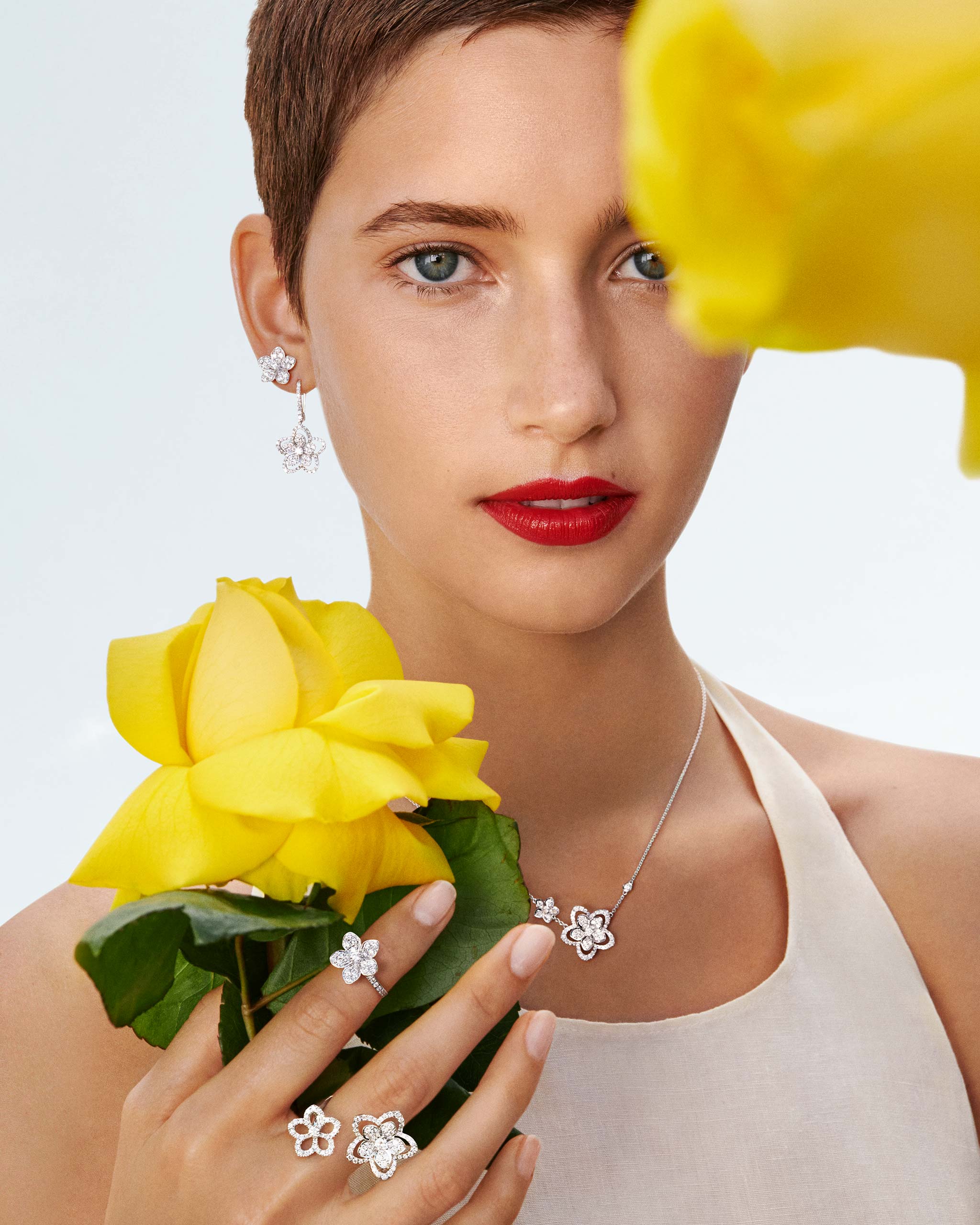 Model wearing Graff Wild Flower jewellery collection