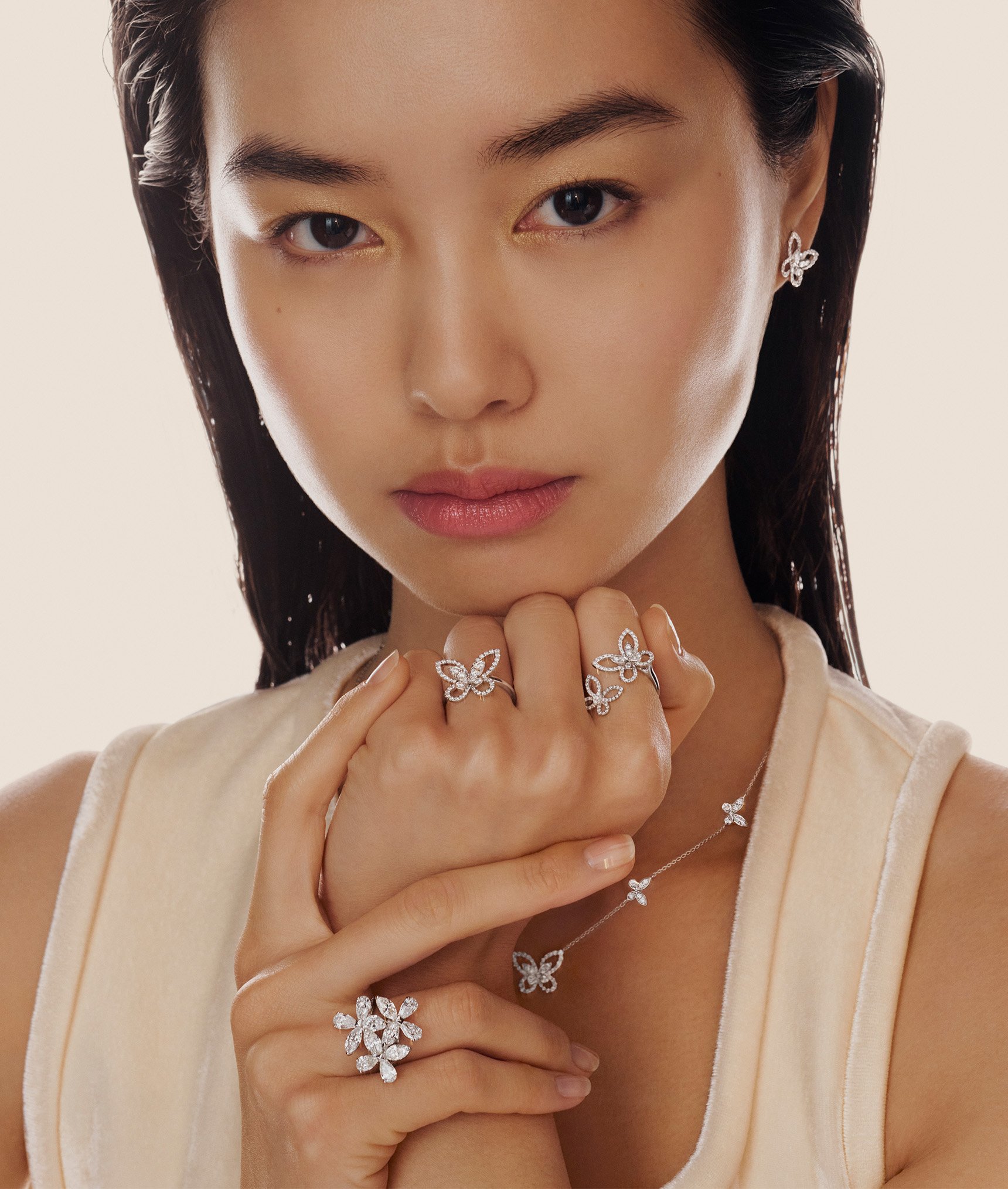 Model wears Graff Butterfly jewellery collection diamond jewellery