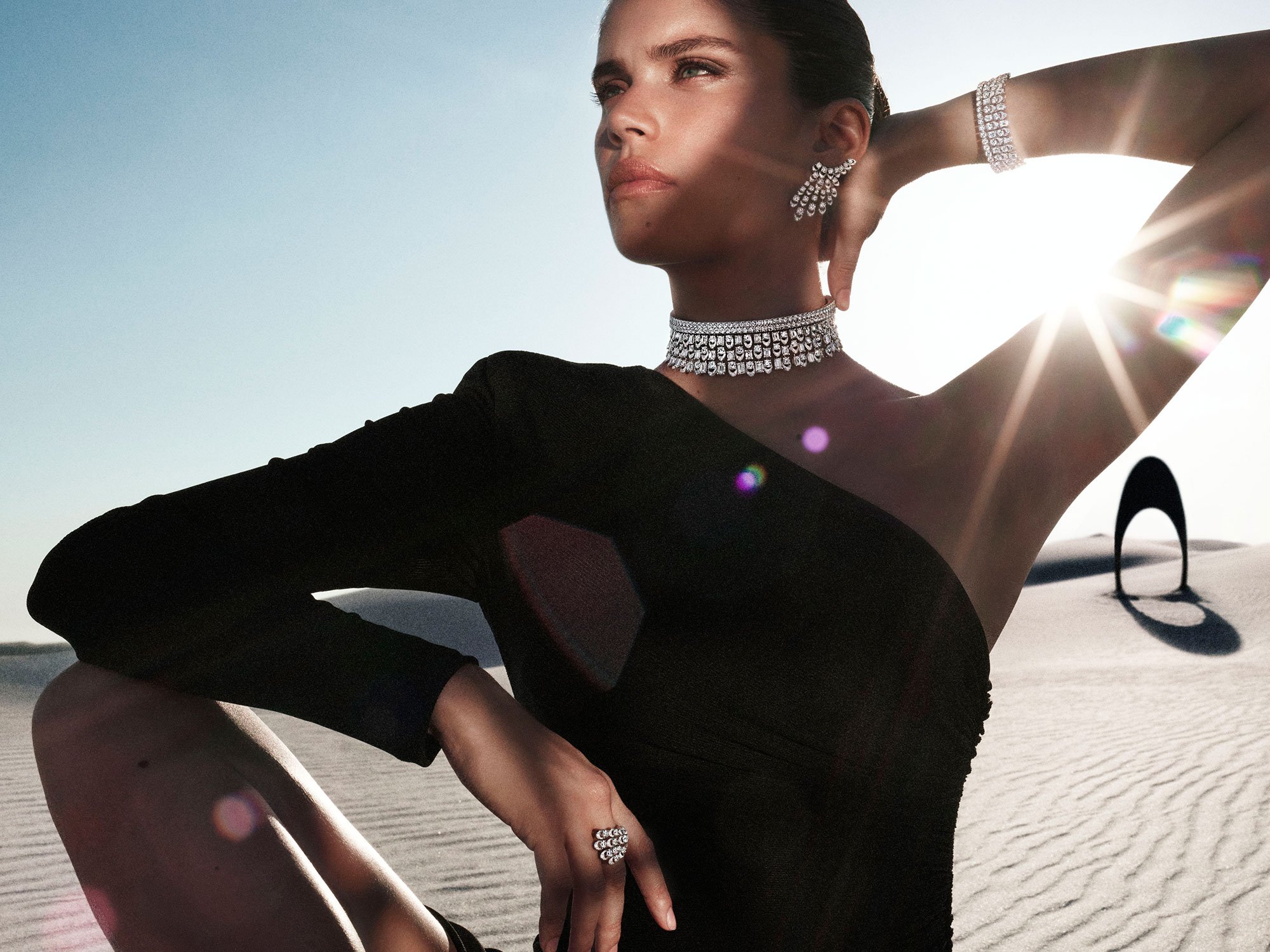 Model wears Graff Gateway diamond jewels from the Tribal collection