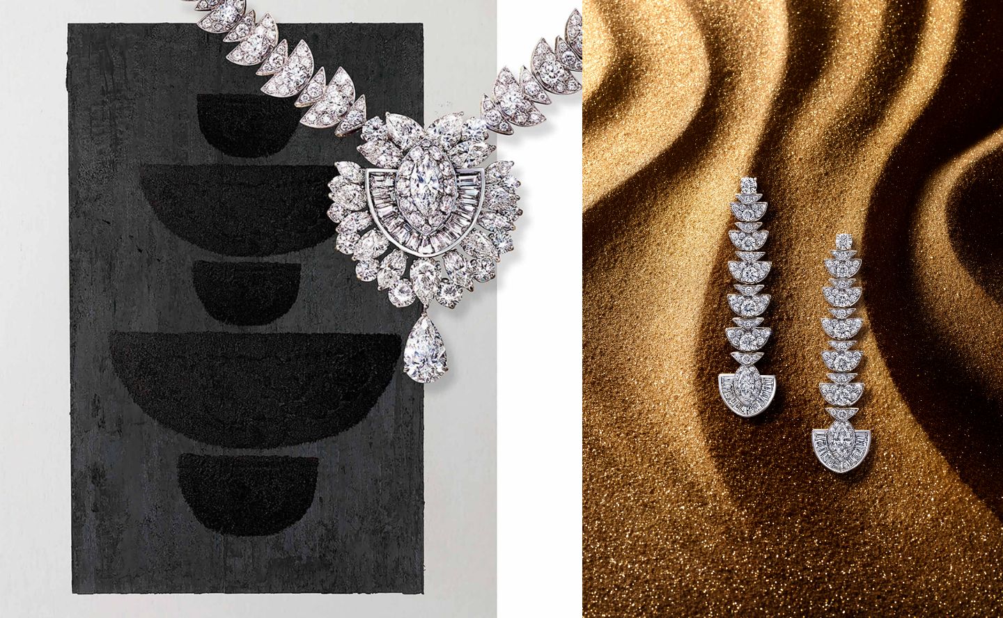 Graff Night Moon white diamond earrings, bracelet and necklace from the Tribal jewellery collection and a pear shape diamond ring, in a desert