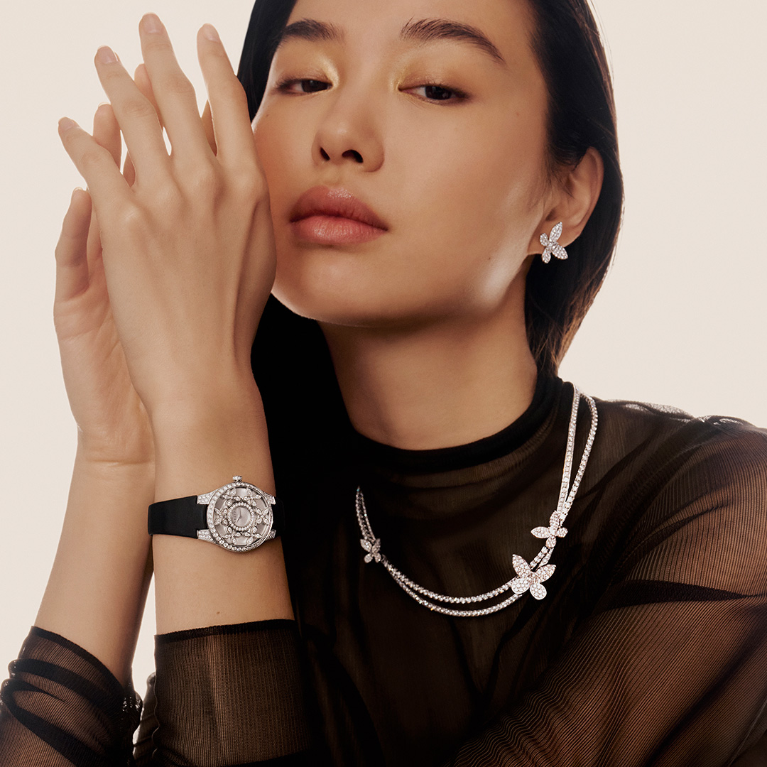 Model wears Graff Gateway diamond jewels from the Tribal collection
