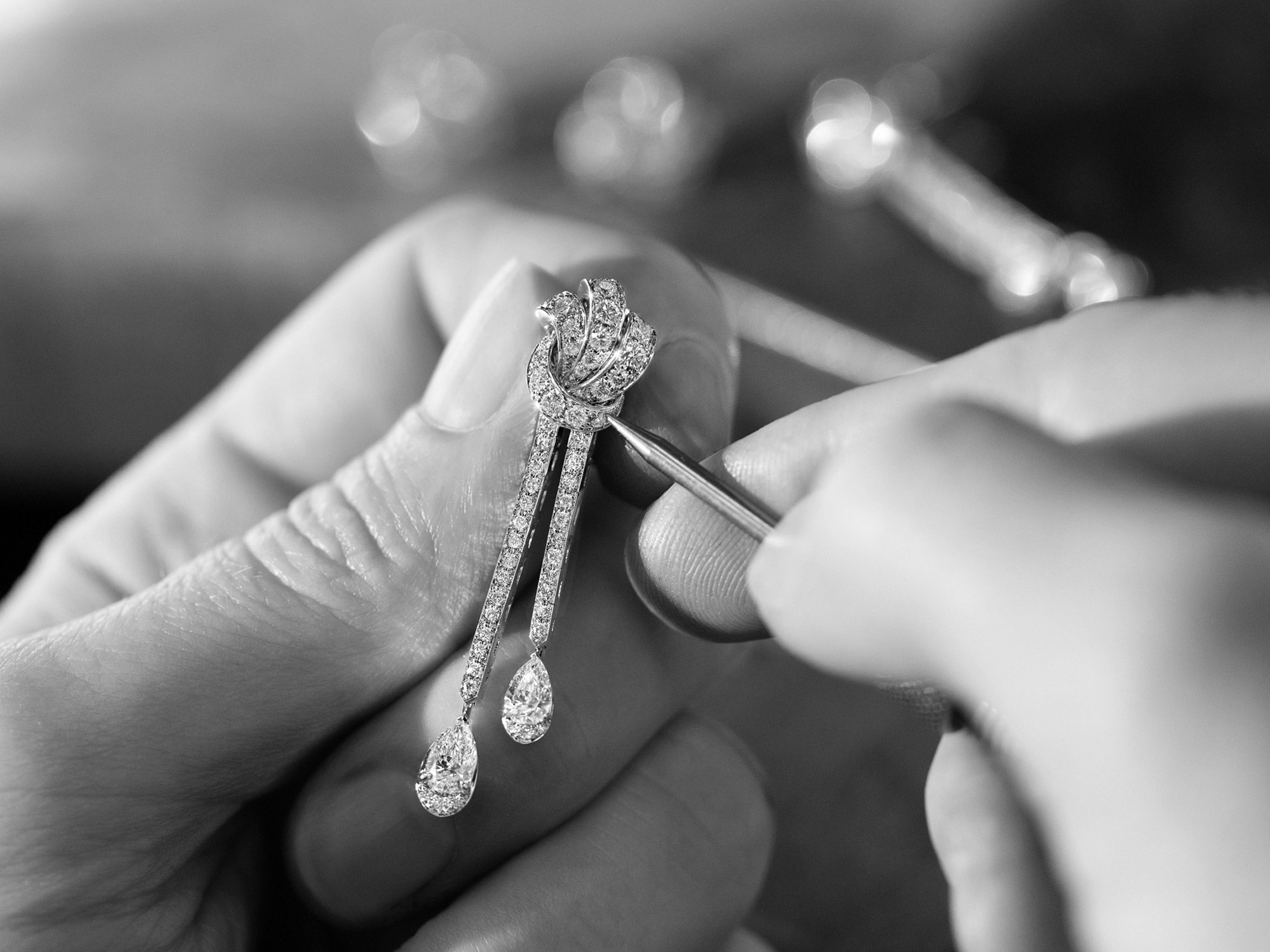 Workshop image of Graff Tilda's Bow earring being worked on