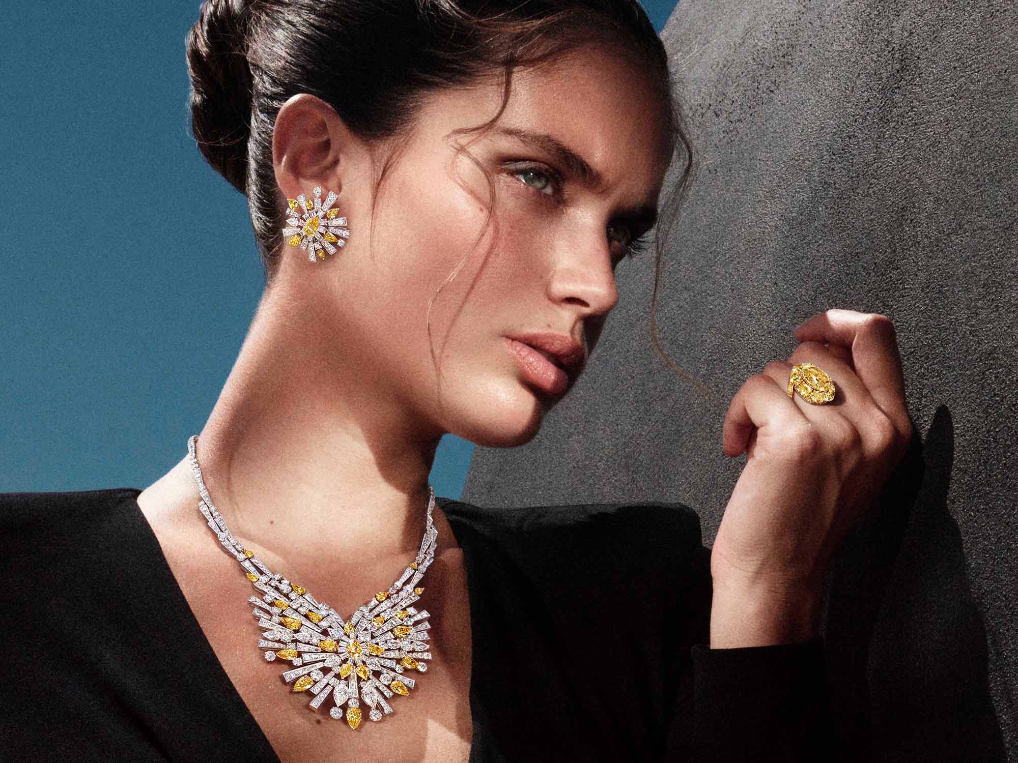 Model wears Graff New Dawn diamond jewels from the Tribal collection