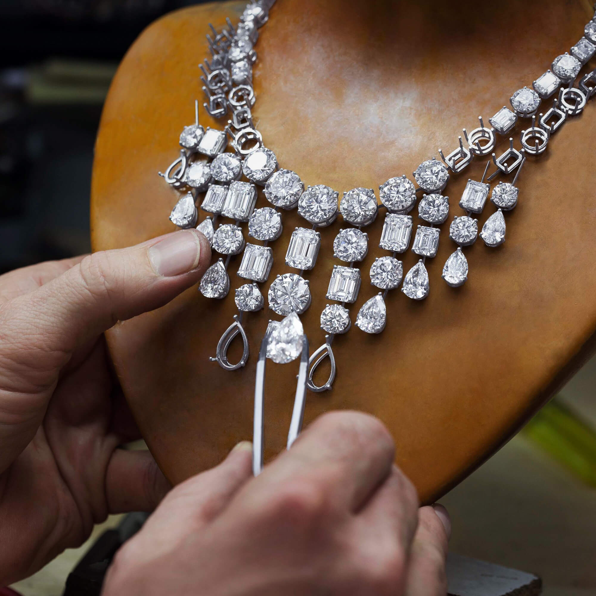 Graff Diamond setter crafting a high jewellery necklace.