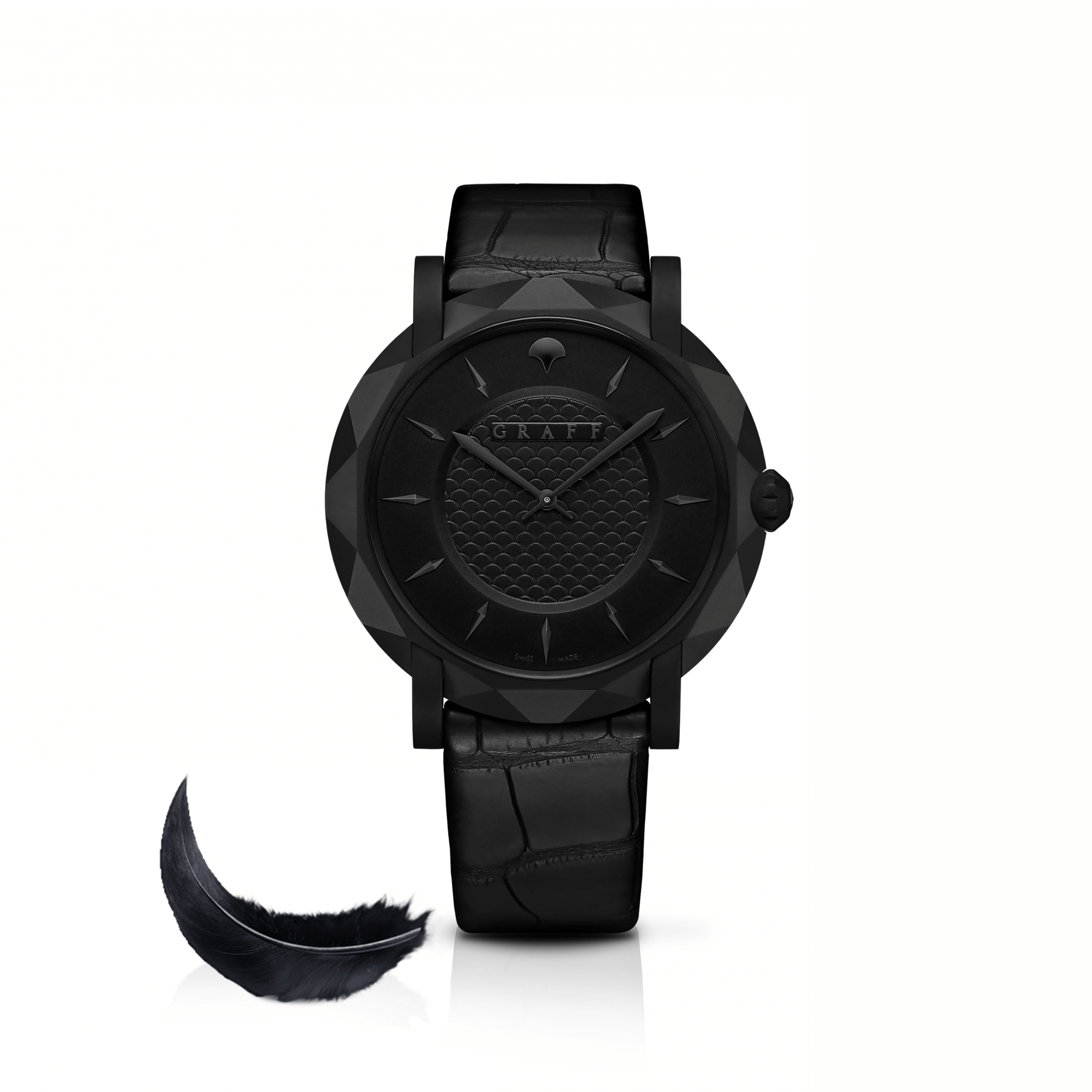 Graff Slim Eclipse 43mm Watch BLACK DIAL, TITANIUM DLC with a black feather on the side
