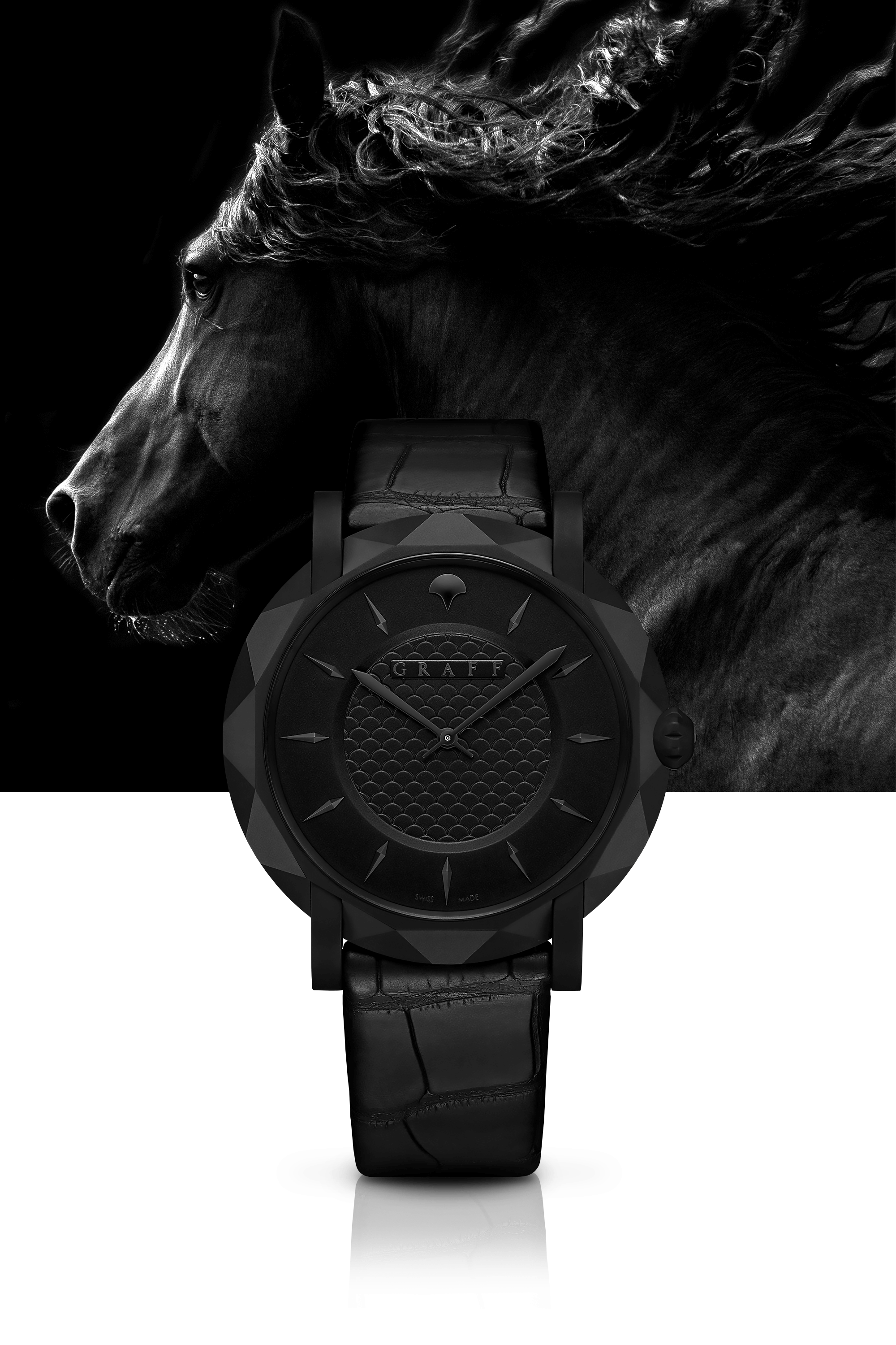 "Graff Slim Eclipse 43mm Watch BLACK DIAL, TITANIUM DLC with horse backgroung"