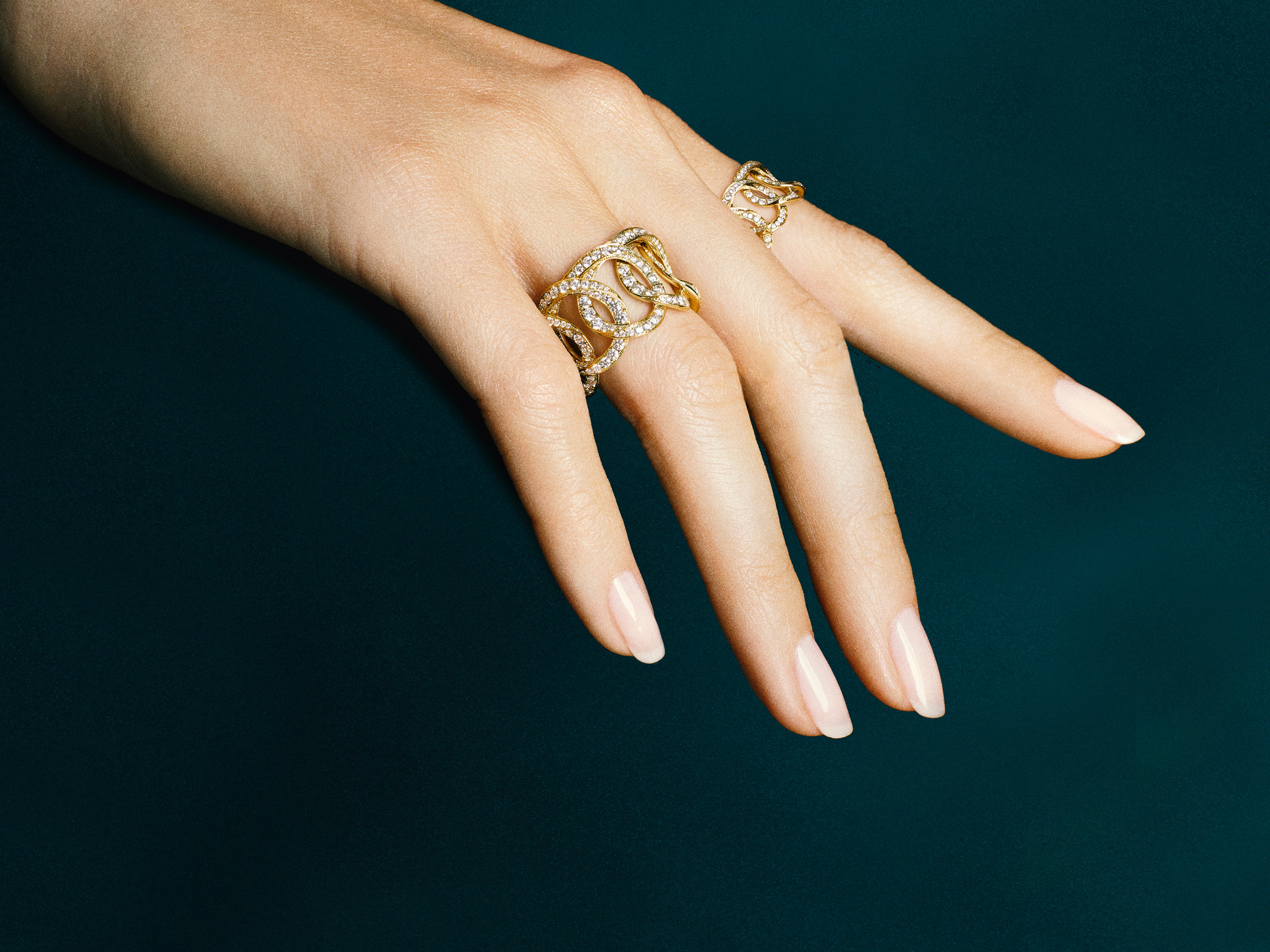 Model wears Inspired by Twombly rings from the Graff jewellery collection